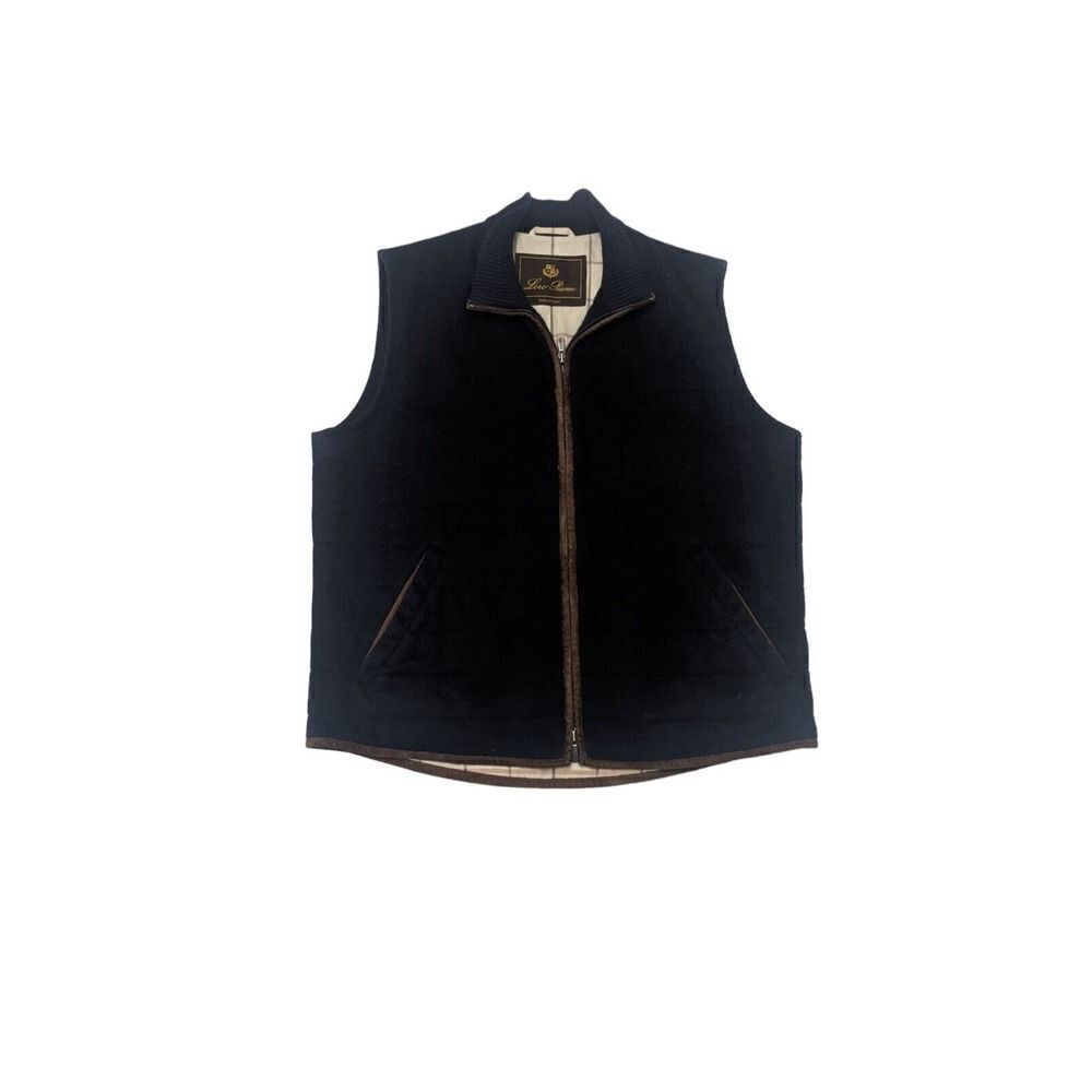 Loro Piana Womens L Large 100% Cashmere Quilted Lined Navy Blue Zip Sweater Vest